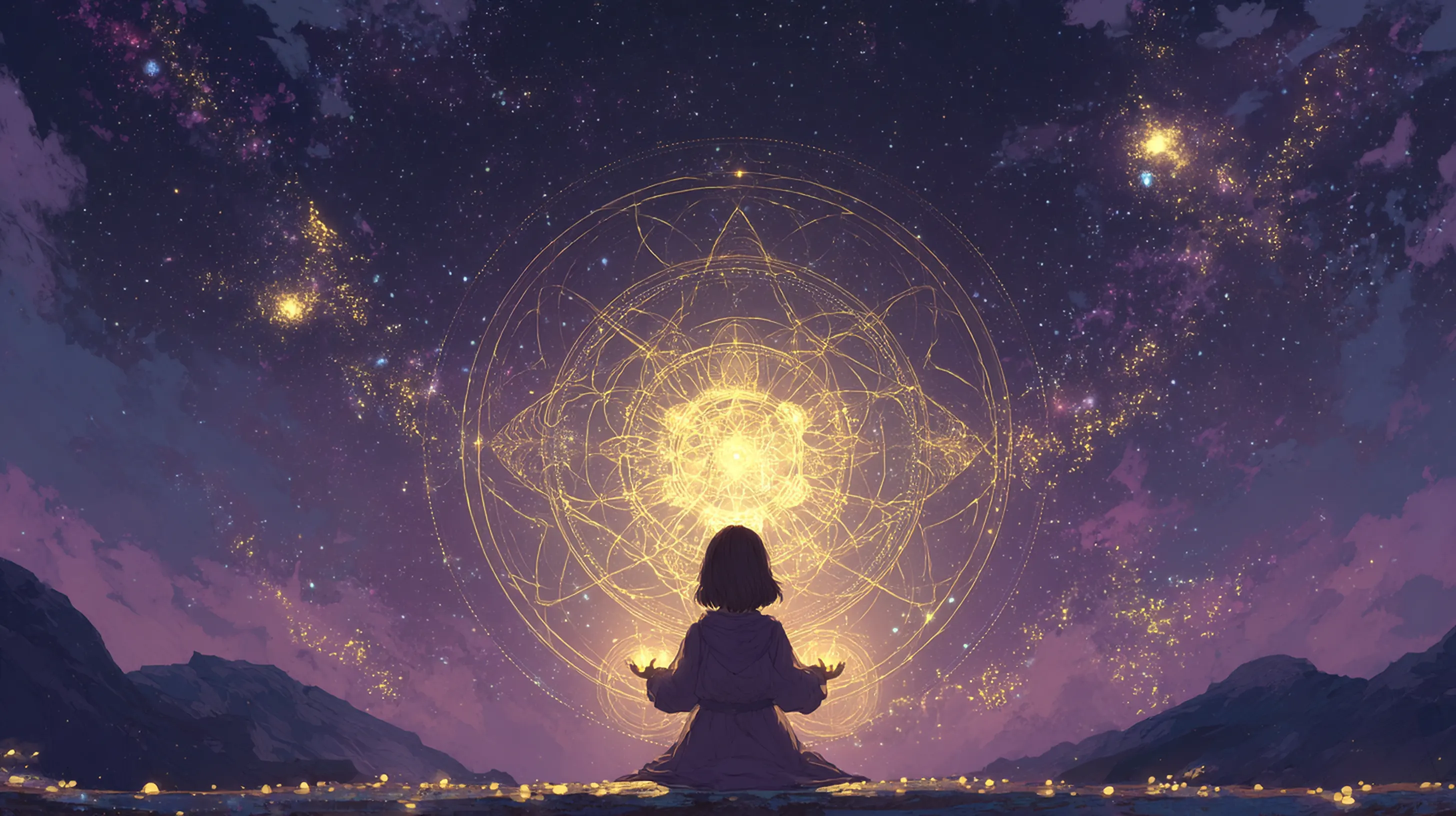 Mulher de costas, mãos em concha sustentando uma luz, diante de uma grande mandala de geometria sagrada dourada em um céu estrelado