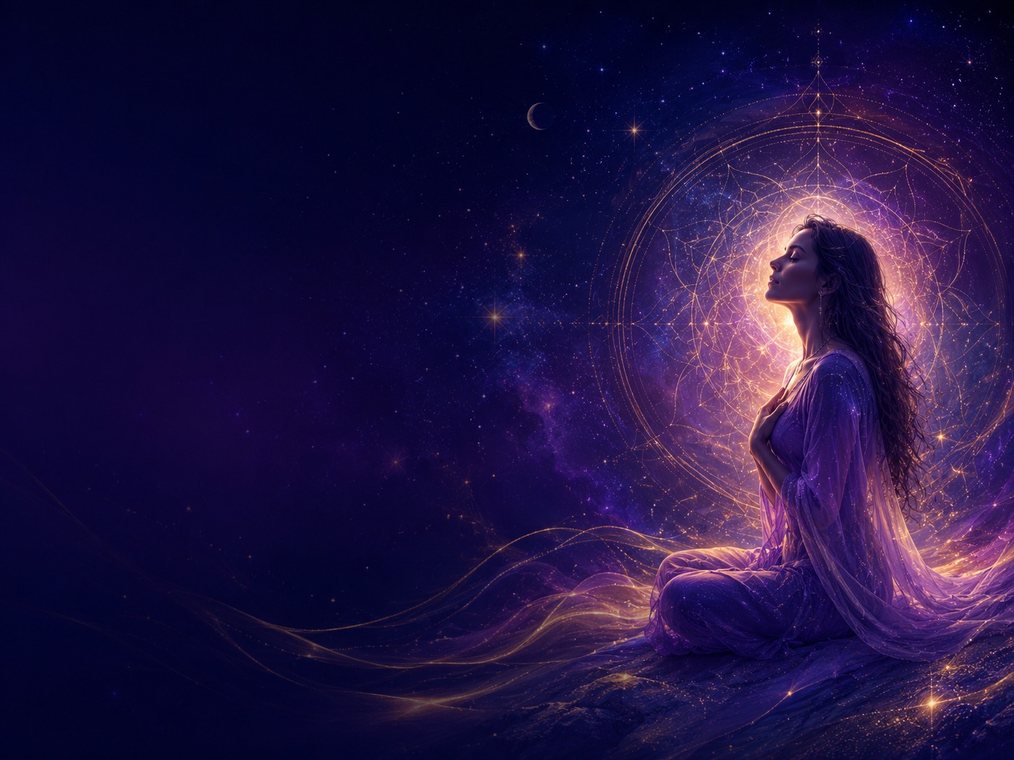 Mulher em meditação sob geometria sagrada e estrelas