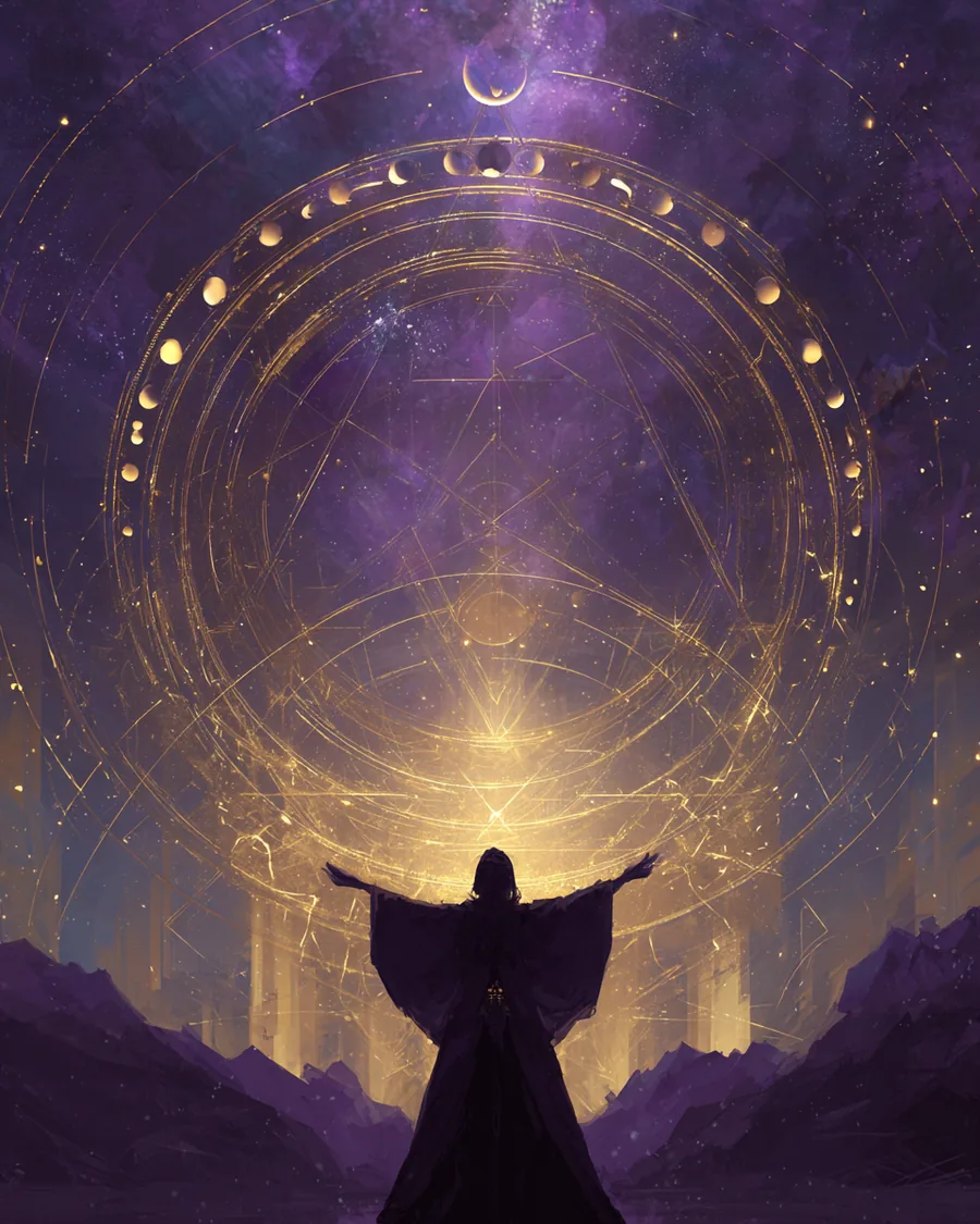 Iniciada de braços abertos diante do Pentagrama Sagrado, cercada pelas fases da Lua e por corpos celestes