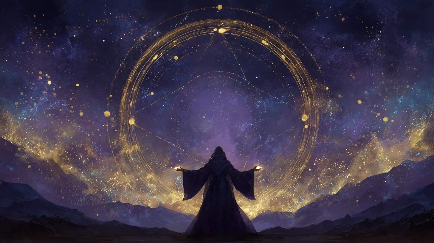 Iniciada de braços abertos diante do Pentagrama Sagrado, cercada pelas fases da Lua e por corpos celestes