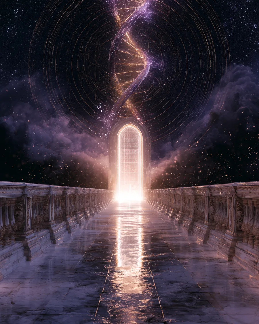 Ponte de mármore luminosa conduzindo a um portal de luz, com uma hélice de DNA estelar ascendendo ao céu