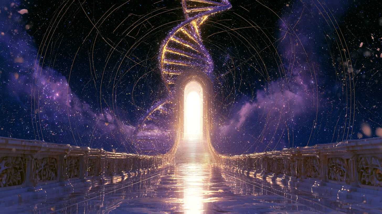 Ponte de mármore luminosa conduzindo a um portal de luz, com uma hélice de DNA estelar ascendendo ao céu