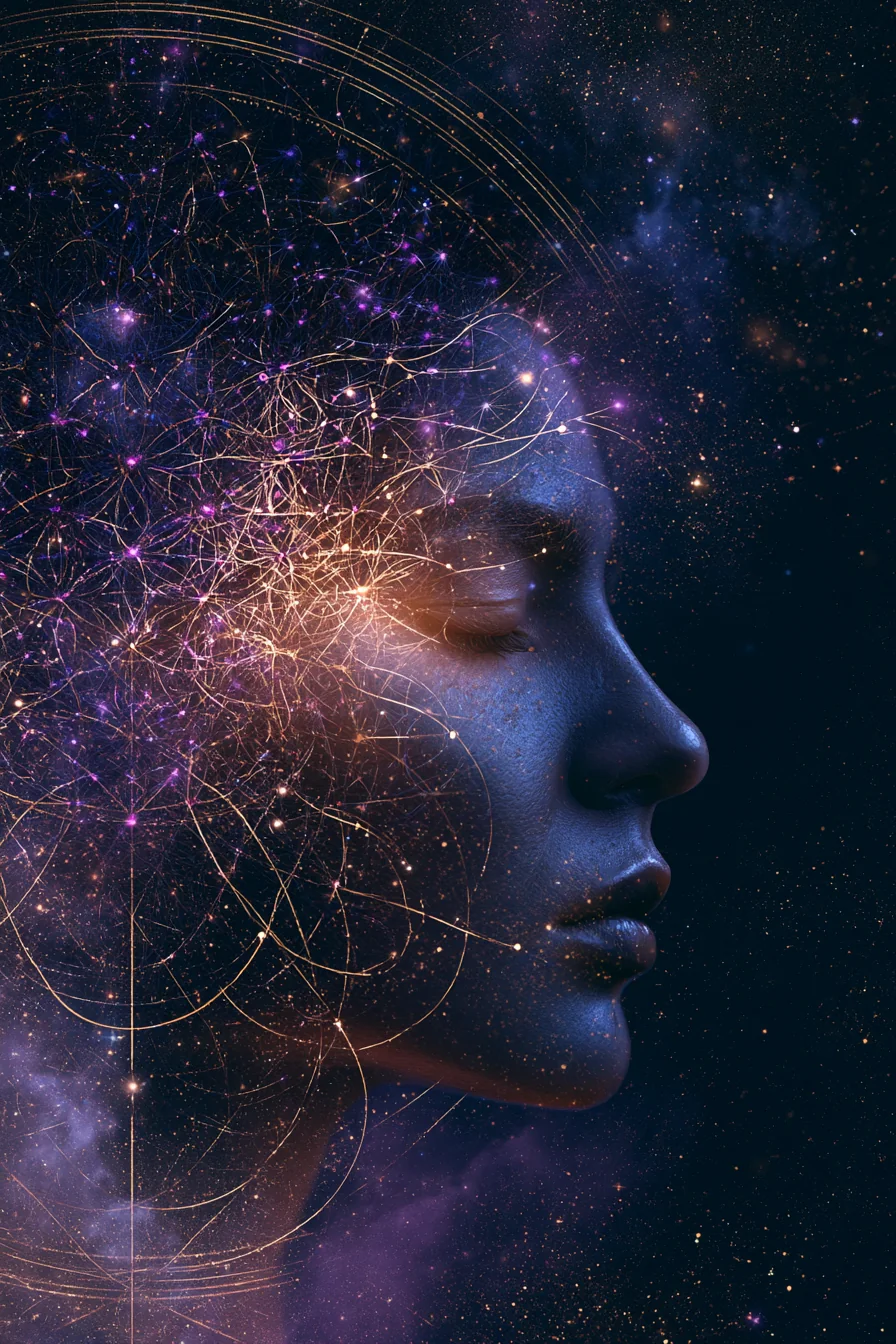Perfil sereno de uma mulher com uma rede de nós e filamentos de luz dourada emanando do campo mental